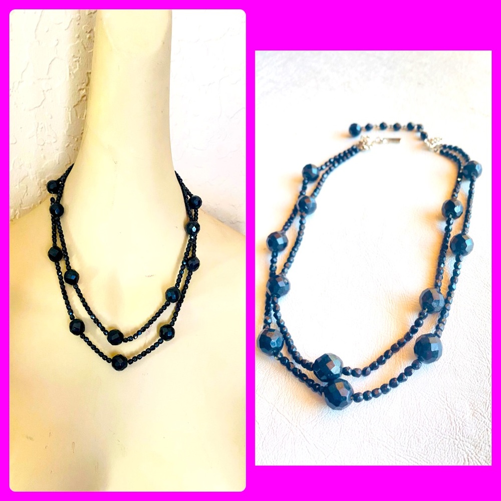 Hobe Black Faceted Glass Beads 2 Strand Necklace